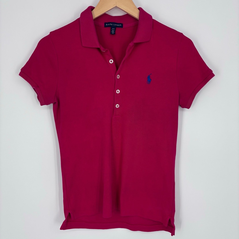 Ralph Lauren Women M Short Sleeve Polo Shirt Magenta Pony Logo Classic Preppy